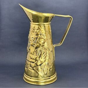 Vintage Brass Metal Tin Pitcher Embossed Pub Scene Made in England 9” Decor